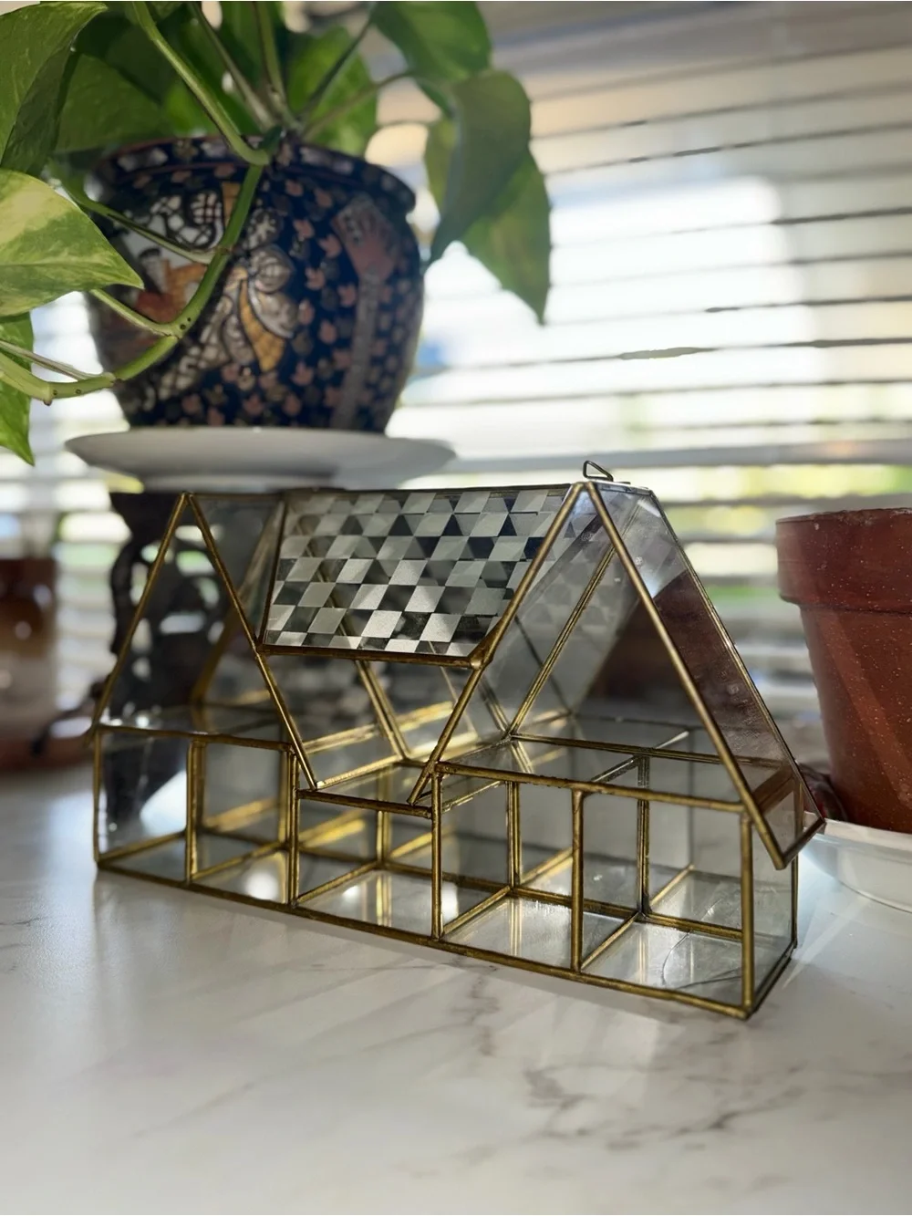 Vintage MCM Glass and Brass Tiered House Trinket Shelf - Gold